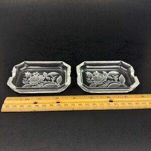 2 Vtg Small Clear Glass Ashtray Intaglio Rose Floral Flower Czech Rectangle READ